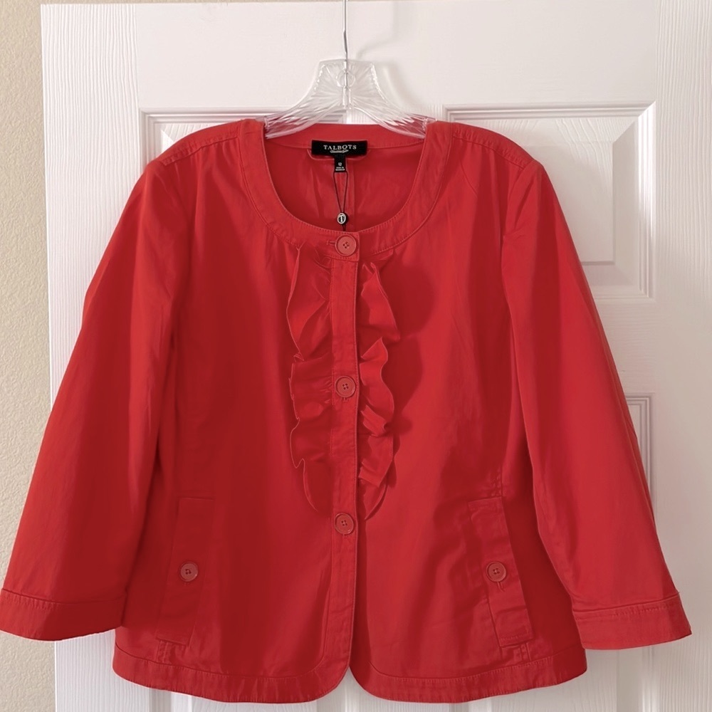 TALBOTS 98% COTTON CORAL RED COLOR JACKET / BLAZER WHIT RUFFLES
